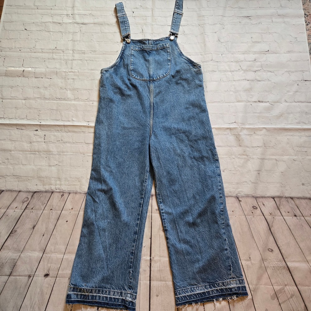 Zara Womens Blue Denim Wide Leg Overalls Released Raw Hem Size L cotagecore